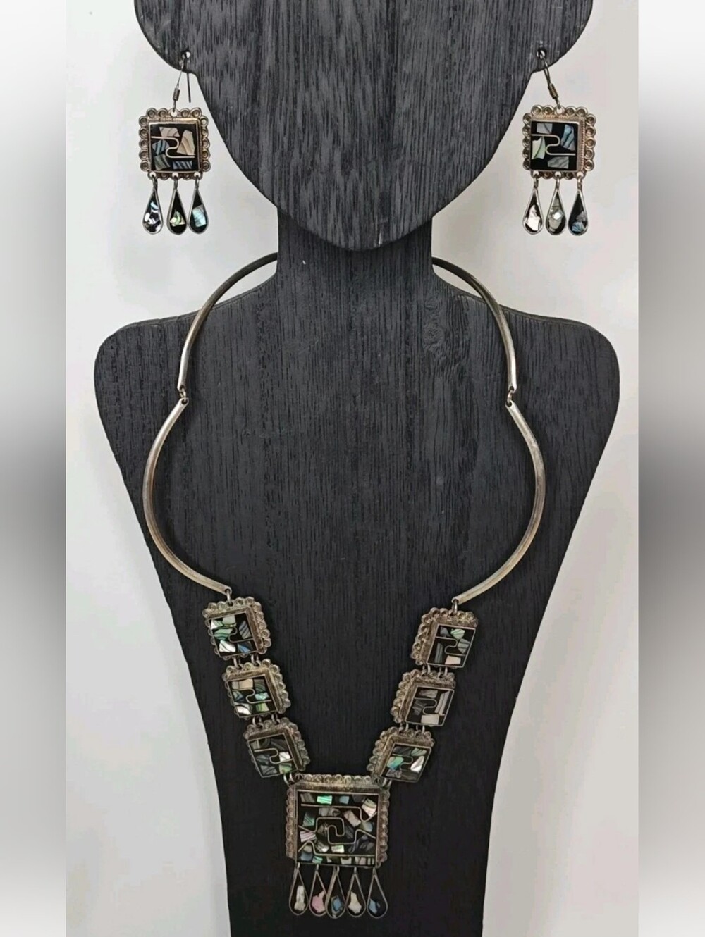 Alpaca Silver Collar Necklace Earrings Abalone Enamel Mexico Viette Taxco CR 16"